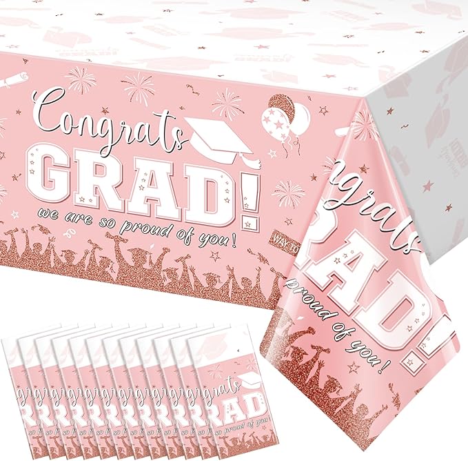 12 Pack Graduation Tablecloth Party Decorations, Class of 2026 Congrats Grad Plastic Tablecover Party Supplies, Pink Rectangle Graduation Table Decorations for College High School Party, 54 x 108 Inch