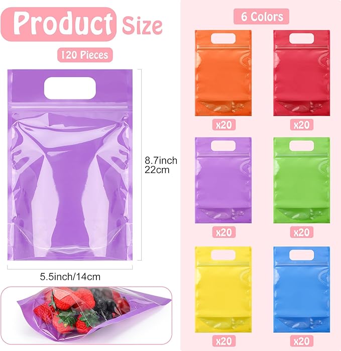 120 Pcs Plastic Gift Bag Bulk 5.5 x 8.7 Inch Resealable Party Goodie Bag with Clear Window Color Favor Pouch with Handle for Home Birthday Wedding Party Candy Gift Wrap Supply(Clear)