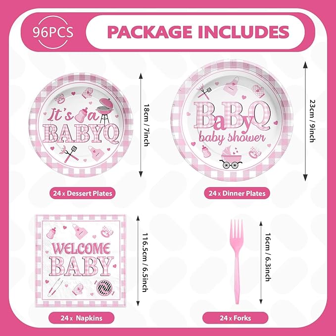 96 Pcs BBQ Baby Shower Decorations It's A BabyQ Paper Plates and Napkins Disposable Pink Gingham Baby Q Party Tableware Set for Girls Barbecue Baby Shower Gender Reveal Picnic Party Supplies Serves 24