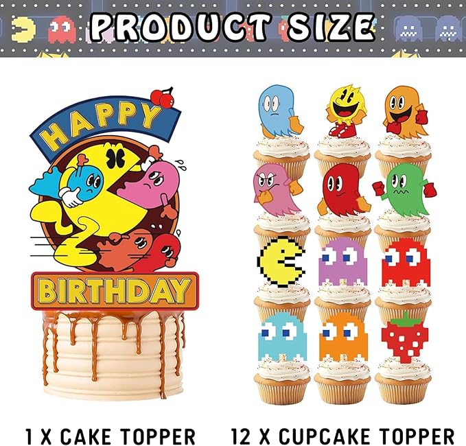 Pac Ghost Birthday Party Decoration, Include Game Party Backdrop 5 x 3 FT, Latex Balloons, Cake Topper for Pacman Theme Kids Fans Birthday Party