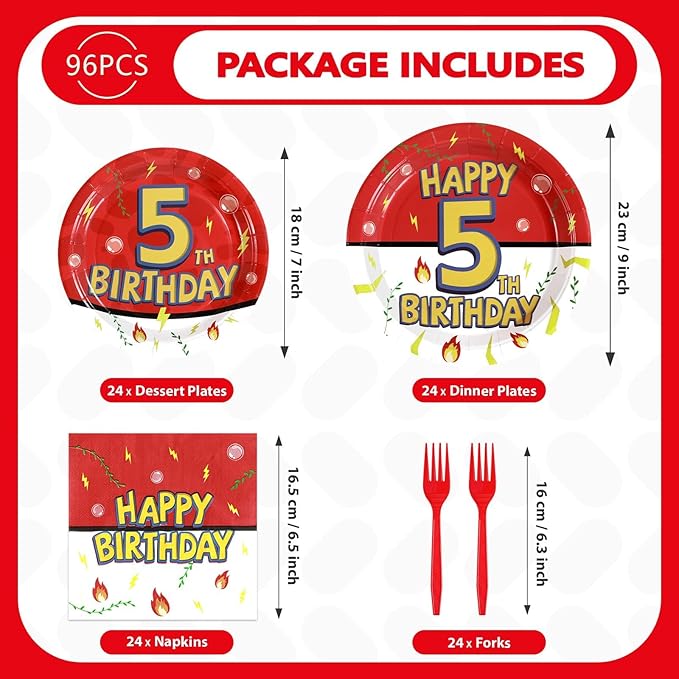 Grencian 96Pcs 5th Cartoon Happy Birthday Party Supplies Red and White Paper Plates and Napkins Tableware Sets Large Anime Themed Decoration for Birthday Cartoon Kids Children Party Serves 24