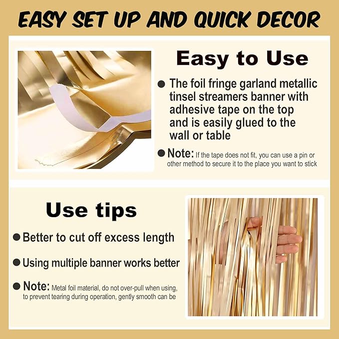 3 Pack 10 Ft Champagne Gold Foil Fringe Garland Metallic Streamers Tinsel Banner Wall Hanging Garland Backdrop for Parade Floats, Halloween, Christmas, Thanksgiving, New Year Party Decorations