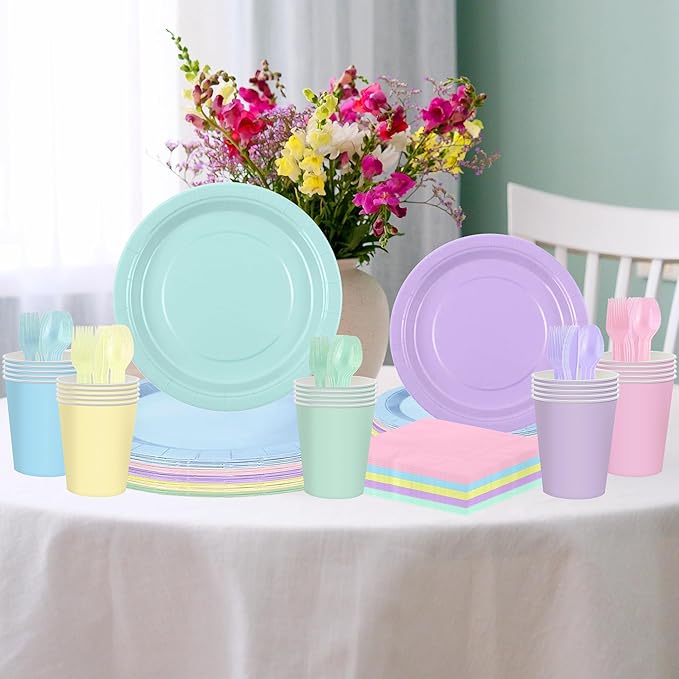 200 Pcs Pastel Rainbow Disposable Dinnerware Set, Macaron Color Paper Plates Cups Napkins Plastic Forks Knives Spoons, Pastel Party Tableware Serves 25 Guests