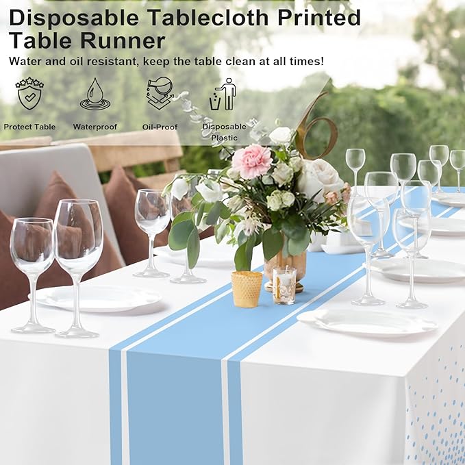 2 Pack White and Light Blue Tablecloth Party Decorations Plastic White Tablecloth Printed Light Blue Table Runner 54 x108 Inch Disposable Rectangle Table Cover for Birthday Wedding Graduation