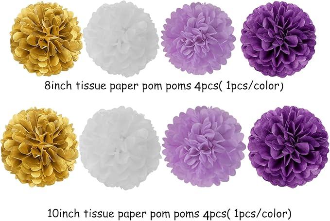 Purple White-Gold Party-Decorations Graduation Banner - 8pcs Kits Class of 2026 Cap Garland Streamers, Paper Tissue Pom Poms Flowers, Congratulations Grad Decor Lasting Surprise