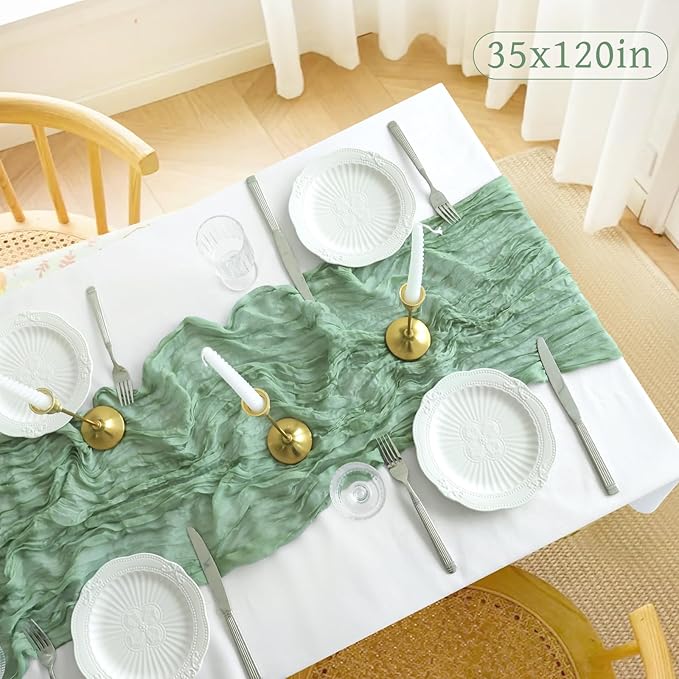 10FT Sage Green Table Runner, 35*120inch Boho Green Table Runners Cheese Cloth Runner for Wedding Bridal Shower Baby Shower Party Table Centerpiece Table Decor