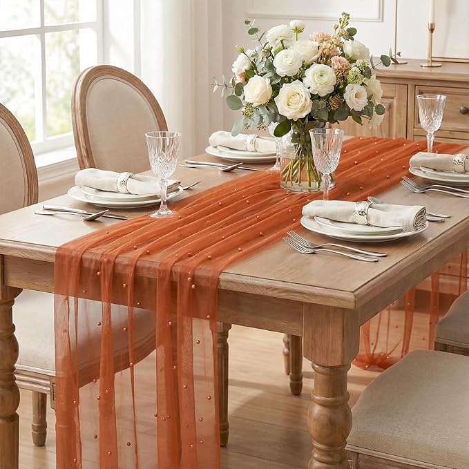 Artoid Mode Pearl Terrcotta Gauze Table Runner 120 Inch 10FT, Seasonal Sheer Dining Holiday Wedding Birthday Baby Shower Table Decor for Home Party