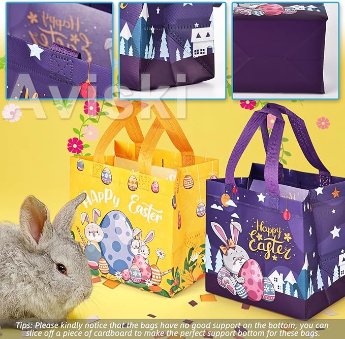 6PCS Happy Easter Egg Hunt Bags, Assorted Sizes Easter Bunny Carrot Chick Egg Gift Bags with Handles, Easter Treat Bags, Multifunctional Non-Woven Easter Bags for Gifts Wrapping, Egg Hunt Game, Easter
