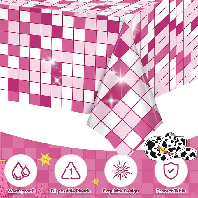 2Pcs Cow Print Tablecloth, Cowgirl Birthday Party Decorations, Waterproof Plastic Disco Table Cloth for Disco Pink Cowgirl Decorations Supplies 54X108inch