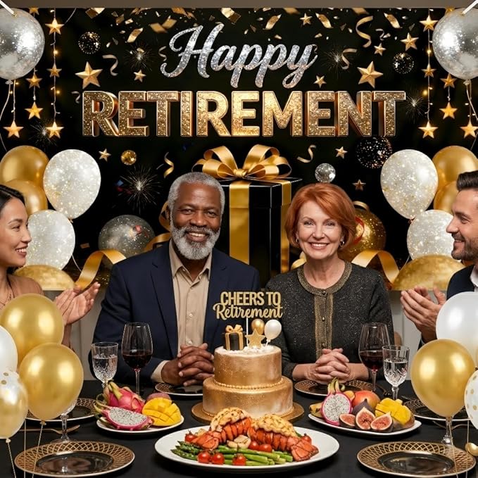 Retirement Party Decorations - Extra Thick Fabric Happy Retirement Backdrop Banner, Large 72x43" Black and Gold Photo Booth Props, Elegant Retire Sign for Men Women Office Outdoor Garden Wall Decor