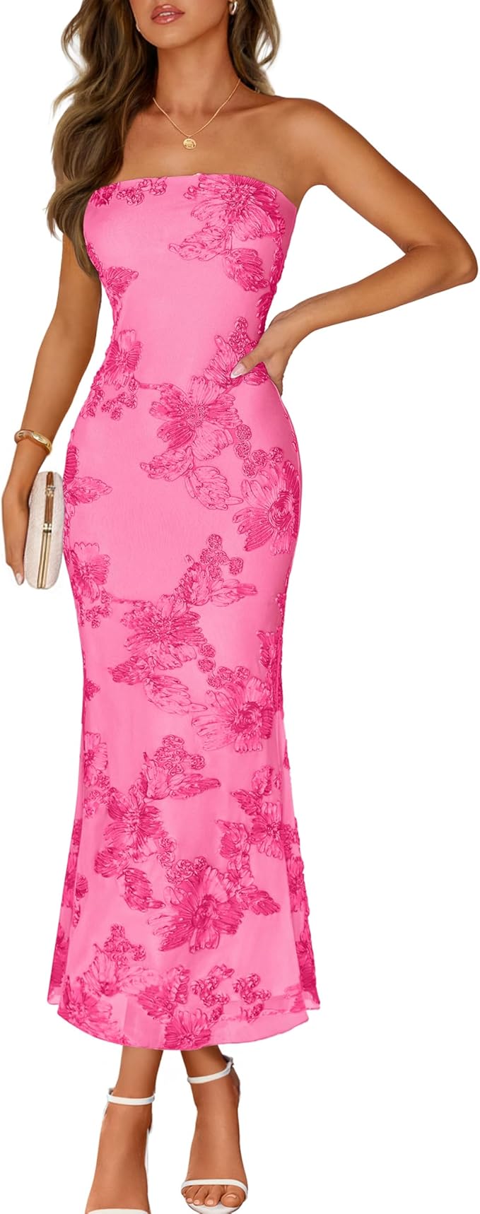 MEROKEETY Women's Floral Strapless Maxi Dress 2026 Summer Mesh Tube Bodycon Formal Wedding Guest Cocktail Party Long Dresses