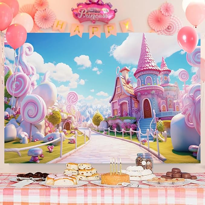 9x6ft Candyland Backdrop Pink Sweet Candy Castle Fairy Tale Photography Background for Girls Princess Birthday Baby Shower Party Decorations Kids Portraits Banner Photo Studio Props