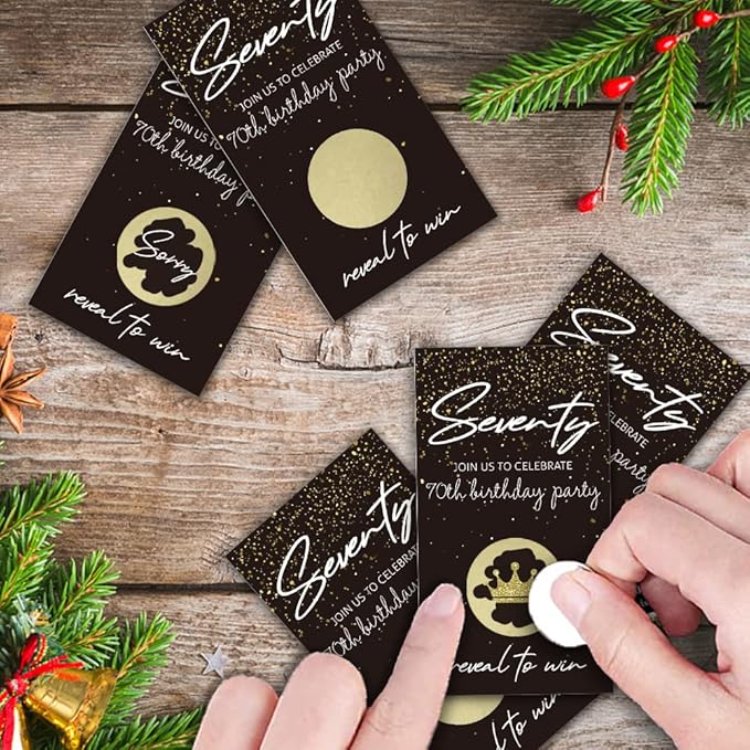 REWIDPARTY Black Gold Seventy Birthday Scratch Off Cards（32 PCS） 70th Birthday Party Game Scratch Cards Cheers to 70 Years Party Supplies Activity for Black Gold Birthday Raffle Tickets Kids Adults