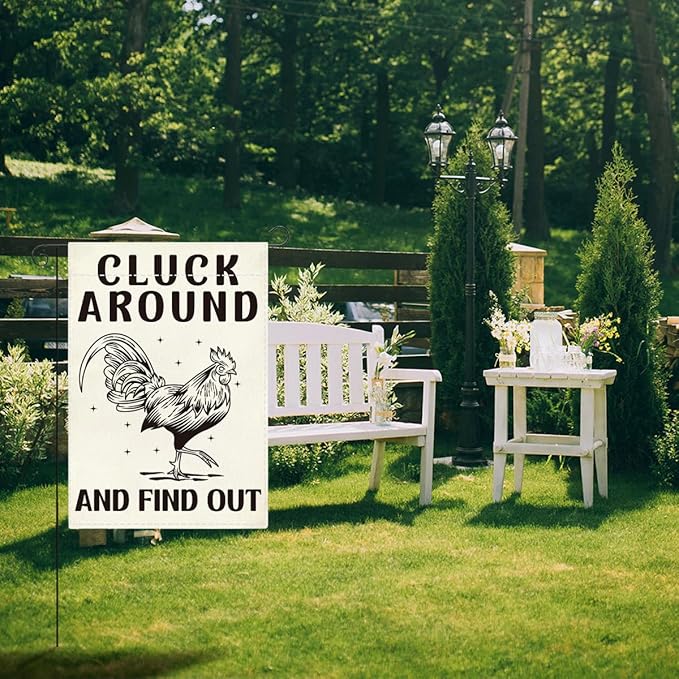 Funny Garden Flag Farmhouse Chicken Cluck Around and Find Out Flag Decor for Yard Veranda Patio Outdoor Double Sided Garden Flags 12 x18 inches