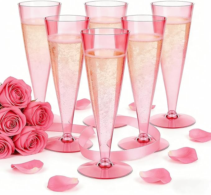 40 Pack Pink Plastic Champagne Flutes Disposable Wine Glasses, 4.5 Oz Clear Mimosa Cocktail Toasting Cups Bulk for 2026 New Year Eve Party Supplies Wedding Bride, Women's Day Decor