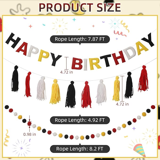 Pre-Strung Happy Birthday Banner Red and Black Party Decorations Felt Ball Garland Sign for Cartoon Mouse Birthday Party Décor
