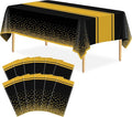 12 Pack Black and Gold Tablecloth Party Decorations Plastic Black Tablecloth Printed Gold Table Runner 54 x108 Inch Disposable Rectangle Table Cover for Birthday Wedding Graduation
