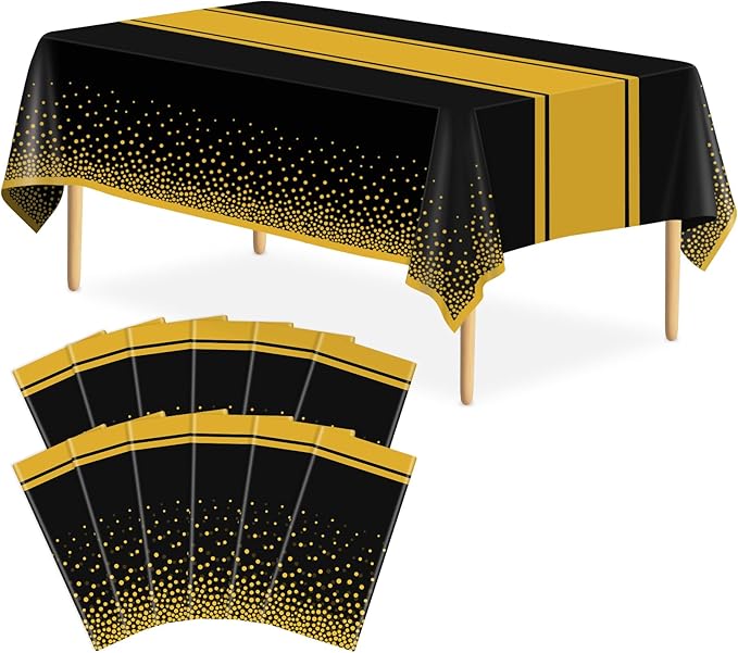 12 Pack Black and Gold Tablecloth Party Decorations Plastic Black Tablecloth Printed Gold Table Runner 54 x108 Inch Disposable Rectangle Table Cover for Birthday Wedding Graduation