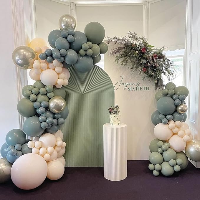 122Pcs Dusty Blue Sage Green Balloon Garland Kit, Pastel Olive Green Slate Blue Beige Metallic Gold Confetti Balloon Arch Kit for Women Men Boho Birthday Wedding Baby Shower Party Decorations