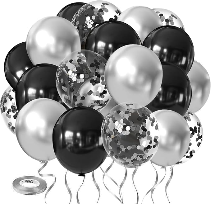 Black and Silver Confetti Balloons, 60pcs 12 inch Silver Metallic Chrome Latex Balloons and Black Latex Balloons for Birthday Wedding and Graduation Party Decorations