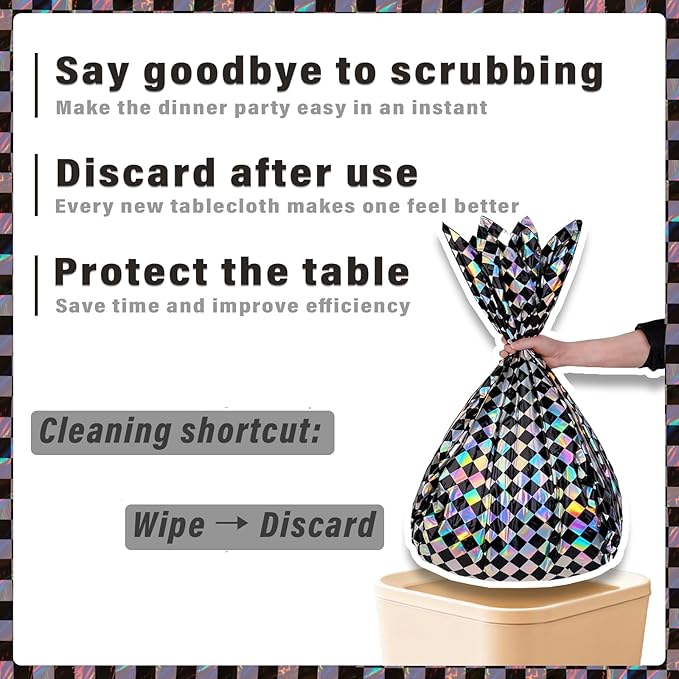 3 Packs Black Checkereed Iridescent Tablecloth 54 x 108 Inch Holographic Foil Table Cloth Shiny Disposable Laser Rectangle Plastic Table Cover for Picnic Camping