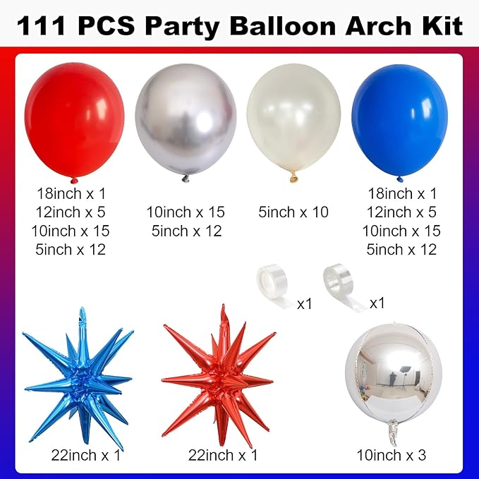 Red Blue Silver Balloon Arch Garland Kit, Red Royal Blue Latex Balloons 4D Ball Explosion Star Foil Balloons for Boys Baby Shower Party Graduation 4th of July Baseball Birthday Party Decor