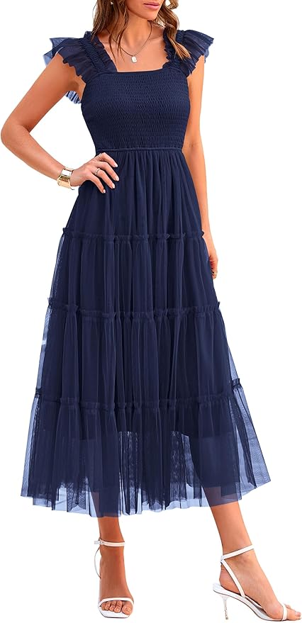 PRETTYGARDEN Women's Summer Tulle Midi Dress Sleeveless Smocked Ruffle Flowy Mesh Dresses Party Wedding Guest Sundress