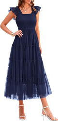 PRETTYGARDEN Women's Summer Tulle Midi Dress Sleeveless Smocked Ruffle Flowy Mesh Dresses Party Wedding Guest Sundress