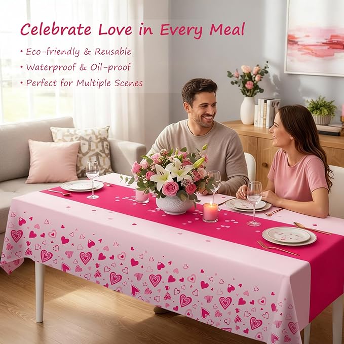Valentine's Day Tablecloth 3-Pack, 54x108 Inch Disposable Plastic Table Covers, Pink Heart Themed Decor for Romantic Party, Galentine‘s Day and Mother's Day Table Decorations