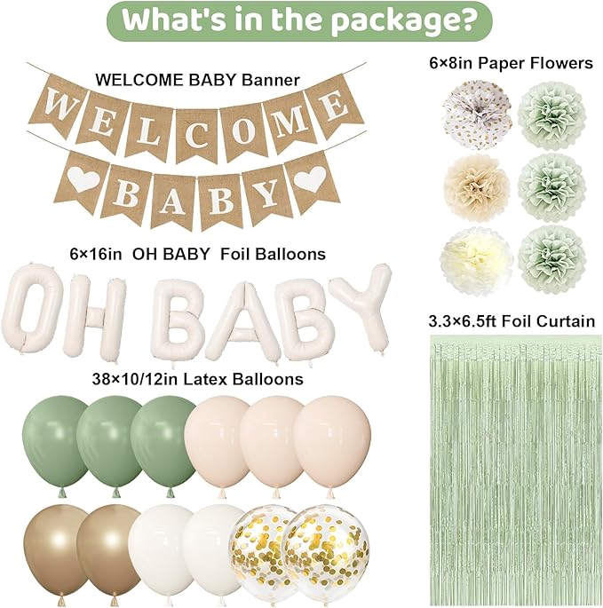Ouddy Party Sage Green Baby Shower Decorations for Baby, Green Balloons with WELCOME BABY Banner Fringe Curtains Foil Balloons Paper Flower for Boho Baby Shower Birthday Gender Reveal Party Supplies
