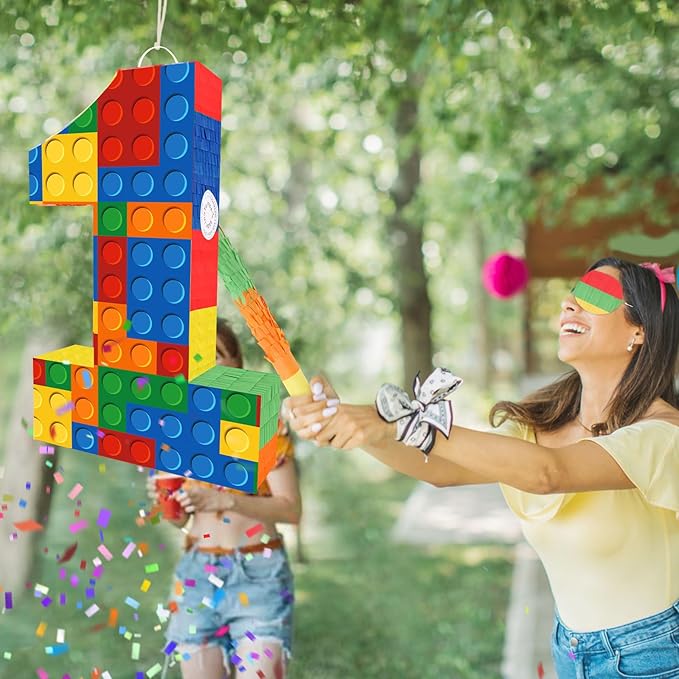 Number 1 Pinata Building Blocks with Pinata Stick Blindfold 1st Birthday Party Decorations for Kids Happy Birthday Building Block Theme Anniversary Party Supplies (Small, 16 x 10.6 x 3 In)