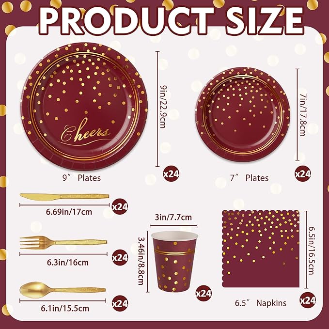 OuMuaMua Maroon Gold Paper Plates and Napkins Party Supplies for 24 Guests, 168 Pcs Burgundy Disposable Plates with Utensils Set for Maroon and Gold Graduation Birthday Party Decorations