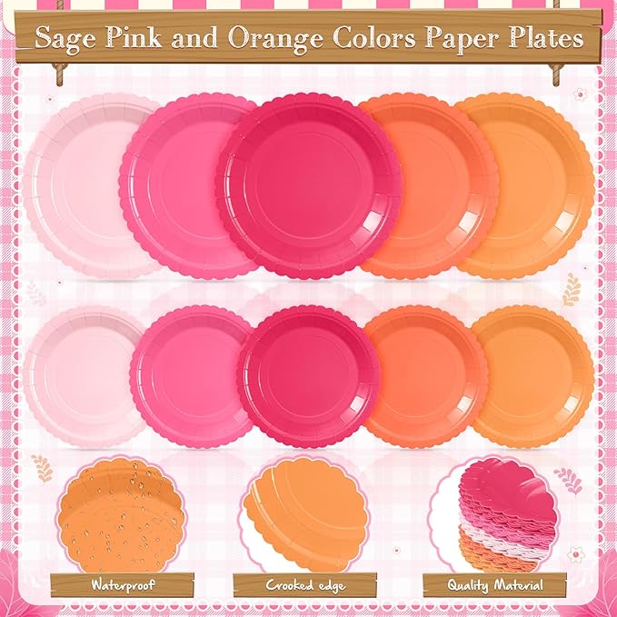 Zhehao 175 Pcs Pink and Orange Plates and Napkins Hot Pink Orange Party Disposable Tableware Kit with Plates, Cups, Napkins, Cutlery for Sunset Neon Baby Shower, Birthday, Wedding Party Supplies