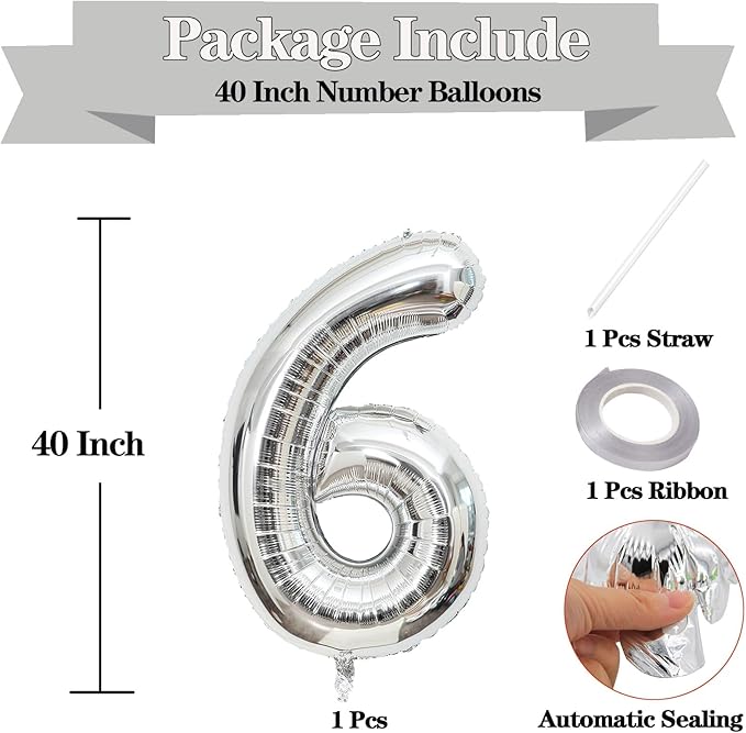 40 Inch Large Silver Number 6 Letter Balloon, Alphabet Letter Mylar Foil Helium Big Number Balloons for Birthday Anniversary Party Graduations Festival Decorations