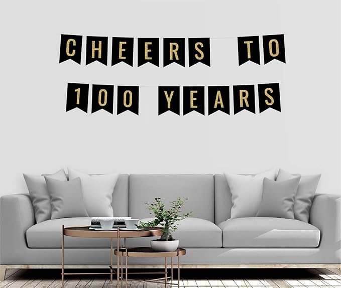 Andaz Press Faux Gold Glitter on Black Birthday Party Banner Decorations, Cheers to 100 Years, Approx 5-Feet, 1-Set, 100th Birthday Milestone Colored Hanging Pennant Decor