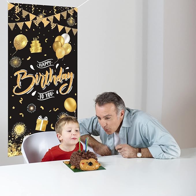 Black Gold Happy Birthday Door Banner,Birthday Door Cover Decoration Supplies Happy Birthday Backdrop Photography Background Sign For Women And Girls Birthday Party Home Outdoor Decor