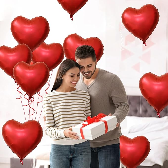 Biapian Red Heart Balloons, 10PCS 18inch Metallic Red Foil Heart Shaped Balloons for Helium, Valentine Decorations, Wedding, Birthday, Anniversary