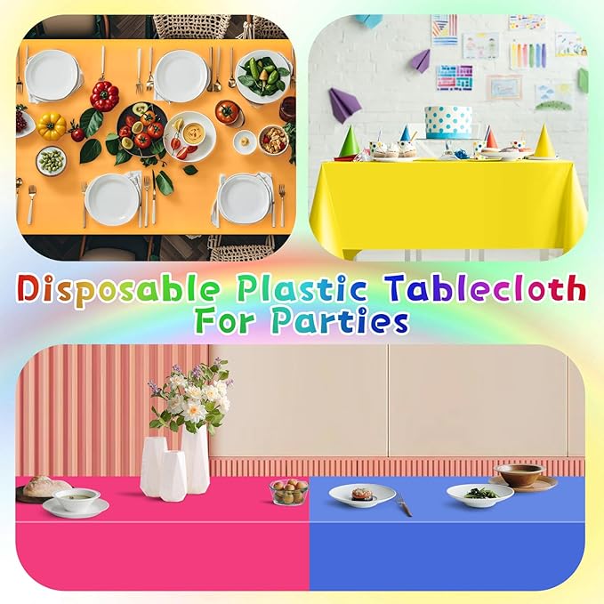 Mwellewm 6Pcs Plastic Table Cloth Disposable, Assorted Color Rainbow Tablecloth Colorful Neon Rectangle Bulk Solid Table Cover for Birthday Wedding Graduation Fiesta Home Party Decorations(54x72 Inch)