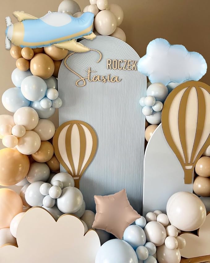 Time Flies Balloon Garland Arch Kit, 155pcs Brown Blue Beige and Airplane Cloud Star Foil Balloons for How Time Flies First Birthday Travel ONEderful World Airplane Party Baby Shower Decorations