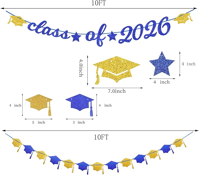 Navy-Blue Gold-White Party-Decoration Graduation Banner - 14pcs Kits Cap Garland Streamers, Royal Paper Tissue Pom Poms Flowers Fans Honeycomb,Class Of 2026 College High School Grad Decor Hugfond