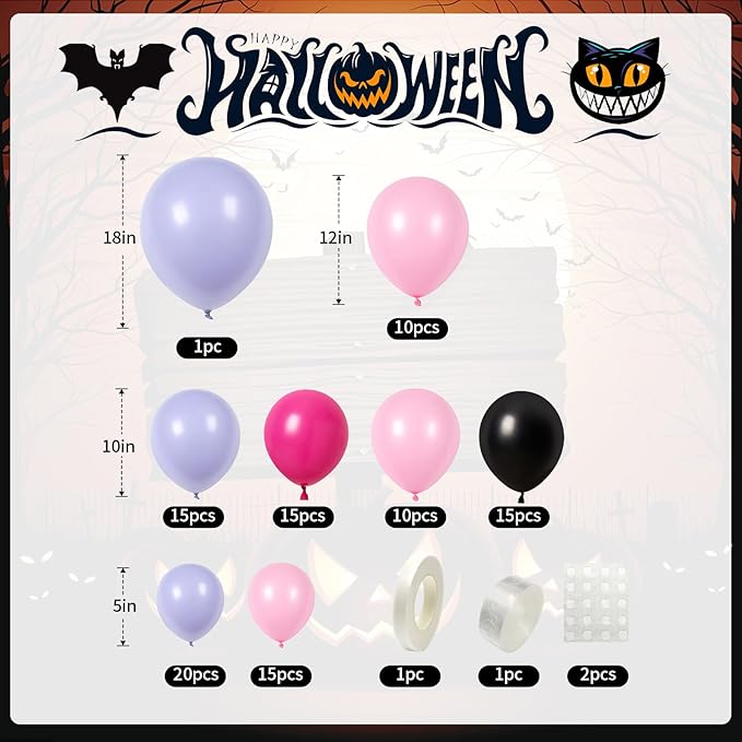 Halloween Balloons Garland Arch Kit, Macaron Pink Purple Balloons with Skeleton Guard Pumpkin Bat Foil Balloon, Black Hot Pink Halloween Balloon with 3D Fake Bats For Party Home Garden Decorations
