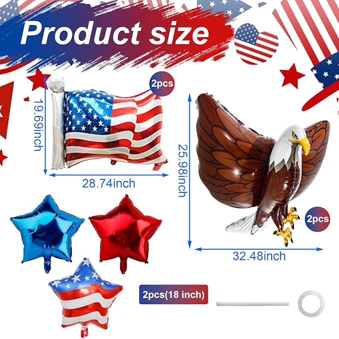 15 Pcs Patriotic Party Pack with Large 32 Inch Eagle Balloons & Tablecover, USA Red White Blue Party Decor for 4th of July Election Day Veterans Day
