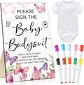 Qunclay 12 Pcs Baby Shower Game Decor with White Unisex Bodysuit Wooden Sign Tabletop Decor and Marker for Guests(Butterfly)