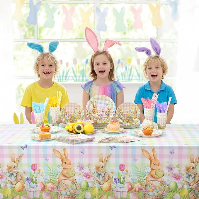 Ceenna 452 Pcs Easter Party Supplies for 50 Guest, Pastel Easter Bunny Paper Plates Napkins Cups Tablecloth Cutlery Straw Disposable Tableware for Rabbit Baby Shower Wedding Birthday Party Decoration