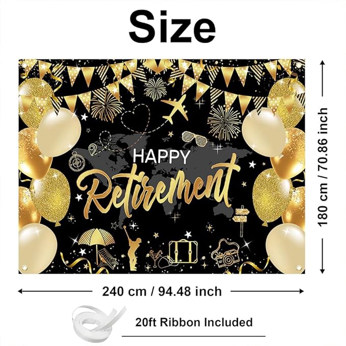 Mocsicka Happy Retirement Backdrop Pink Rose Gold Balloons Women Happy Retirement Banner Party Decorations Photo Booth Props (Black Gold, 8x6ft)