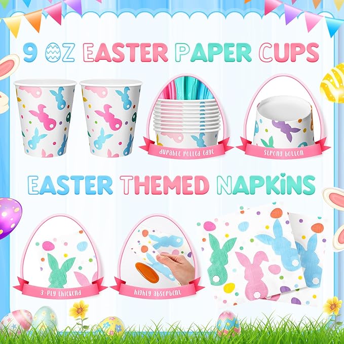 Honeydak 210 Pcs Easter Plates and Napkins Serve 30 Pastel Colorful Bunny 7" and 9" Rabbit Plates Napkins and Forks Tableware for Spring Holiday Easter Party Table Decor Supplies