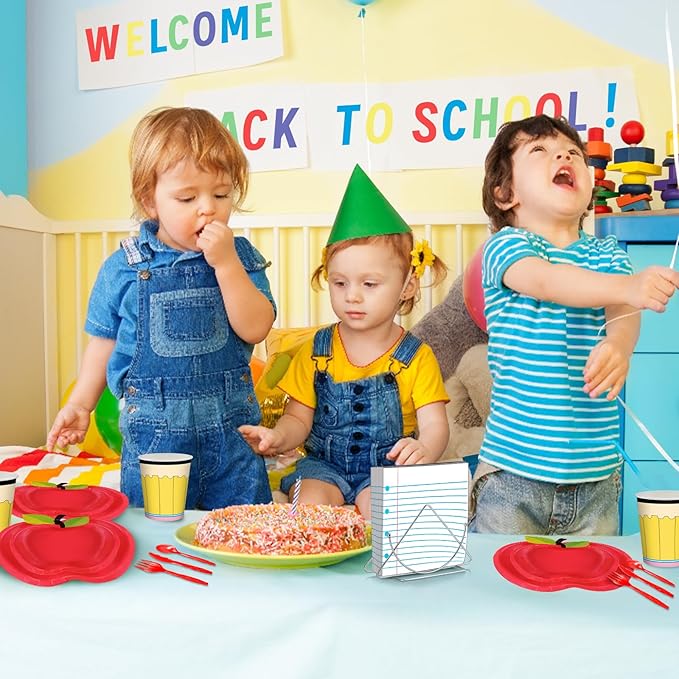 175 Pcs Back to School Party Supplies Tableware Set – Serves 25, Red Apple and Notebook Paper Theme Disposable Plates, Cups, Napkins, Forks, Spoons, Knives for Classroom, Teacher, School Decorations