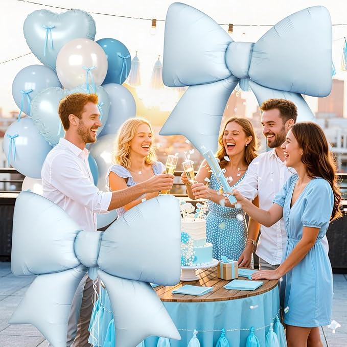Paready Baby Blue Heart Balloon, 38 Inch Bow Balloons, Pearl Sand White Dusty Blue Latex Balloons and Bow Heart Shaped Foil Balloon for Boys Birthday Wedding Bridal Baby Boy Shower Valentine Decor