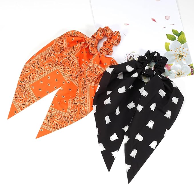 Halloween Hair Ties for Woman Girls Fall Orange Bandana Hair Scrunchies Spooky Ghost Elastic Ribbon Bow Hair Tie Autumn Halloween Party Supplies Hair Accessories 2PCS
