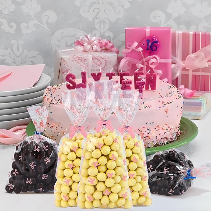 SOMIOCO Clear Gift Bags 6X11In 100PCS Pink Bow Cellophane Goodie Treat Bags for Candy Cookies ,Coquette Party Favors Bow Party Decorations with Twist Tie for Mother's Day,Birthday ,Baby shower,Wedding ,Bridal Engagement